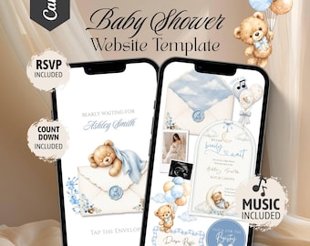 We kunnen bijna niet wachten! Babyshower website, Teddybeer babyshower website template met RSVP