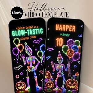 Neon Halloween birthday video invite featuring colorful glowing skeletons, pumpkins, balloons and bats for a fun kids party.
