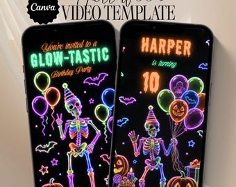 Op de afbeelding: Twee smartphones met een Halloween-videosjabloon met neonkleurige skeletten, pompoenen en ballonnen tegen een zwarte achtergrond. De tekst luidt: Halloween VIDEO TEMPLATE, You're invited to a GLOW-TASTIC Birthday Party, HARPER is turning 10.