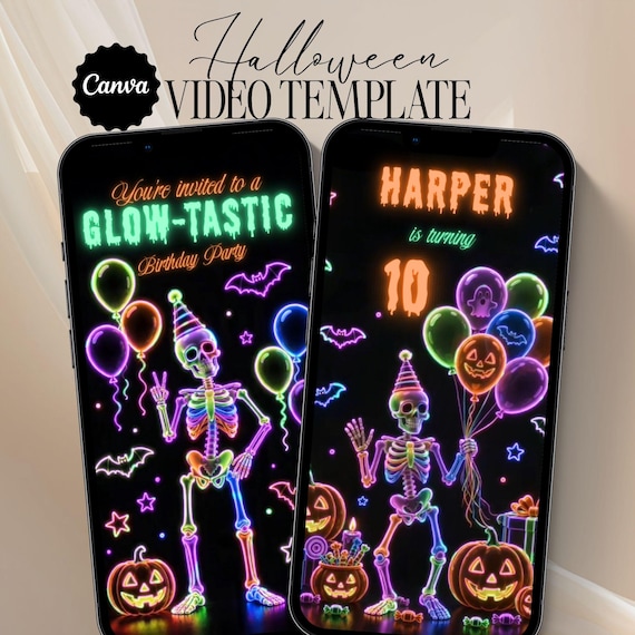 Neon Halloween Birthday Video Invite, Editable Canva Invitation, Glow in the Dark Skeleton Party, Animated Kids Halloween Evite