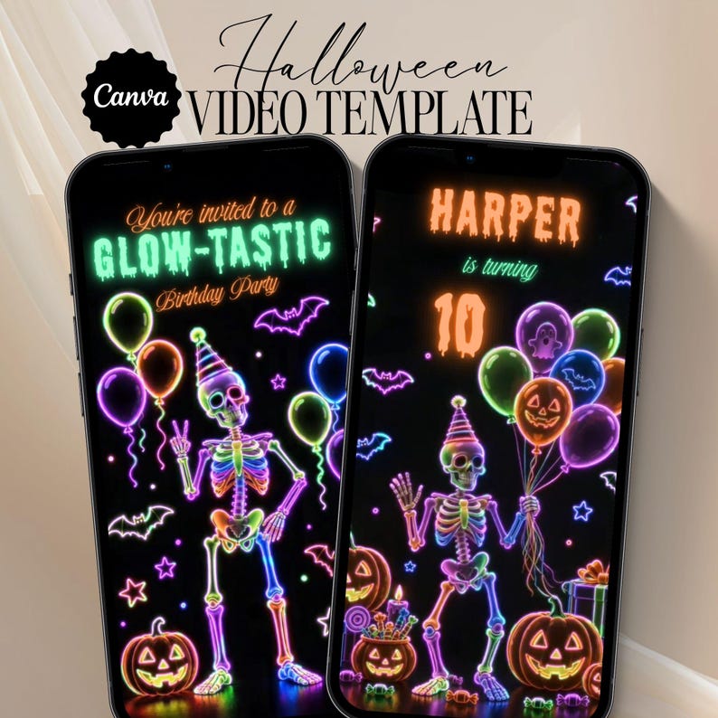 Neon Halloween birthday video invite featuring colorful glowing skeletons, pumpkins, balloons and bats for a fun kids party.