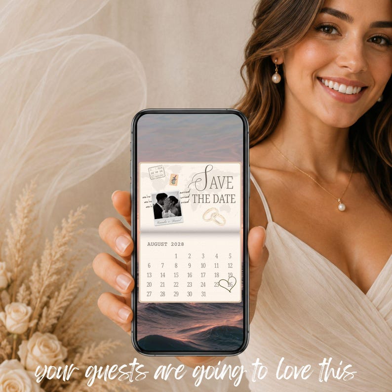Champagne passport Save the Date video shown on a phone held by a woman, featuring the editable wedding calendar design.