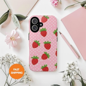 Strawberry Phone Case, polka dot print, Tough cover for iPhone & Samsung image 1