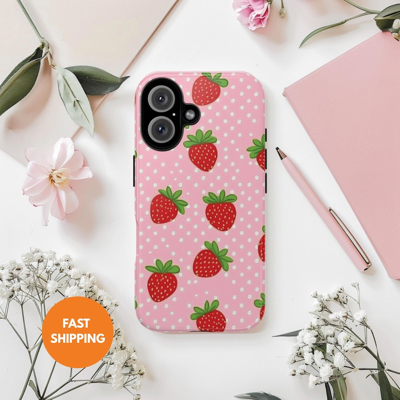 Strawberry Phone Case, polka dot print, Tough cover for iPhone & Samsung image 1