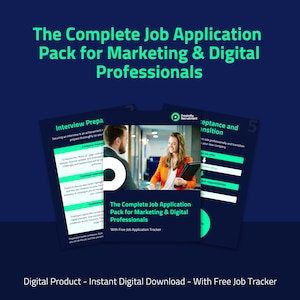 May include: A digital product pack for marketing and digital professionals. The pack includes interview preparation, company research, and job offer acceptance guidance. The title text is in white and green on a dark blue background.