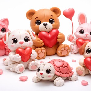 May include: A collection of adorable figurines, including a pink cat, white dog, brown bear, pink bunny, and a second dog, all holding red heart-shaped objects. A turtle figurine with a heart-patterned shell is also present. Small heart-shaped decorations are scattered around.