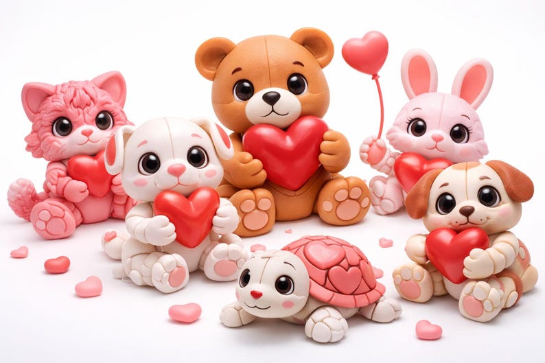 May include: A collection of adorable figurines, including a pink cat, white dog, brown bear, pink bunny, and a second dog, all holding red heart-shaped objects. A turtle figurine with a heart-patterned shell is also present. Small heart-shaped decorations are scattered around.