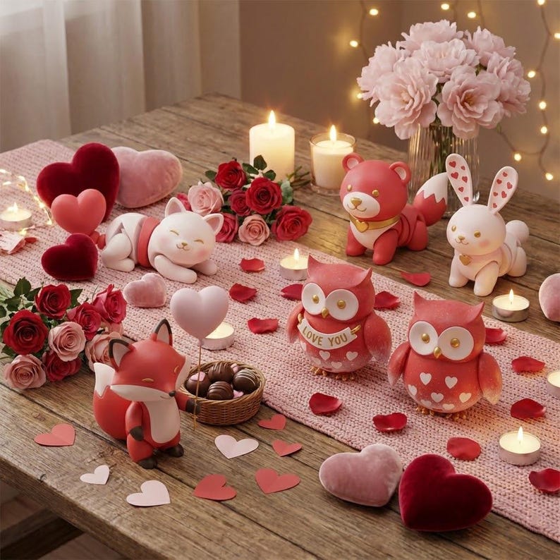 May include: A romantic Valentine's Day display featuring red and pink decorative items. Includes heart-shaped plush, candles, roses, and animal figurines such as a fox, bear, cat, owl, and bunny. The owl has a banner that says "Love You".
