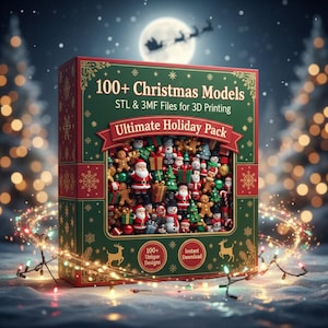 Può includere: Una scatola festiva con la scritta "100+ Christmas Models" e "Ultimate Holiday Pack" contiene figurine natalizie in miniatura. La scatola è verde e rossa con dettagli dorati, su uno sfondo innevato con luci natalizie.
