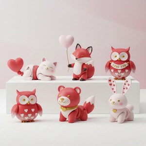 May include: A collection of six Valentine's Day-themed animal figurines. The figurines include a white cat, a red fox holding a pink heart balloon, two red owls, a red bear, and a white rabbit. Each figurine has a unique design and heart accents.