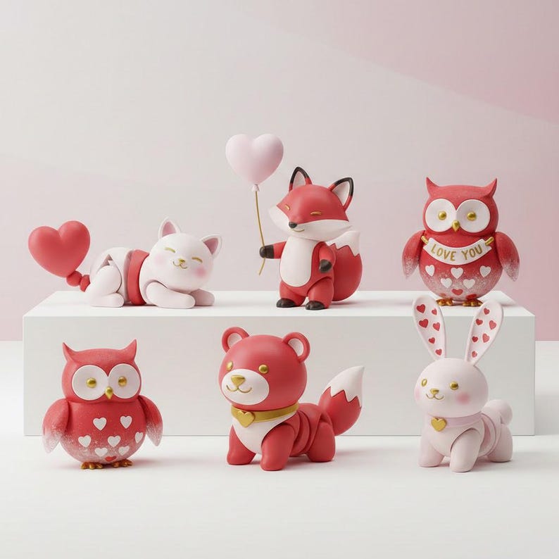 May include: A collection of six Valentine's Day-themed animal figurines. The figurines include a white cat, a red fox holding a pink heart balloon, two red owls, a red bear, and a white rabbit. Each figurine has a unique design and heart accents.