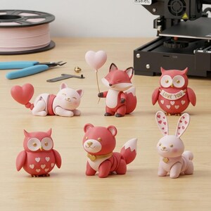May include: A collection of small, articulated animal figurines in shades of pink and white. The figurines include a cat, fox, owl, bear, and rabbit, each with heart-shaped accents and holding heart-shaped balloons. The owl has a banner that says "Love You".