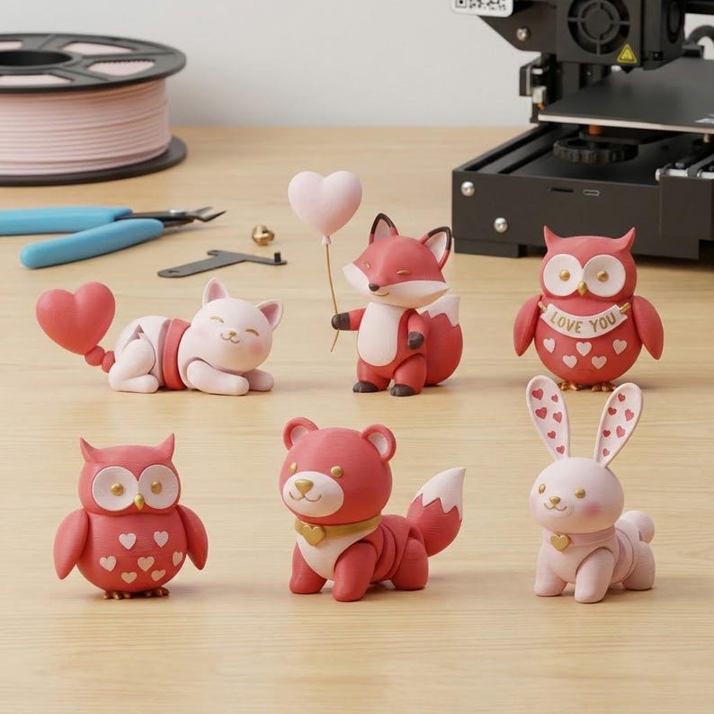 May include: A collection of small, articulated animal figurines in shades of pink and white. The figurines include a cat, fox, owl, bear, and rabbit, each with heart-shaped accents and holding heart-shaped balloons. The owl has a banner that says "Love You".