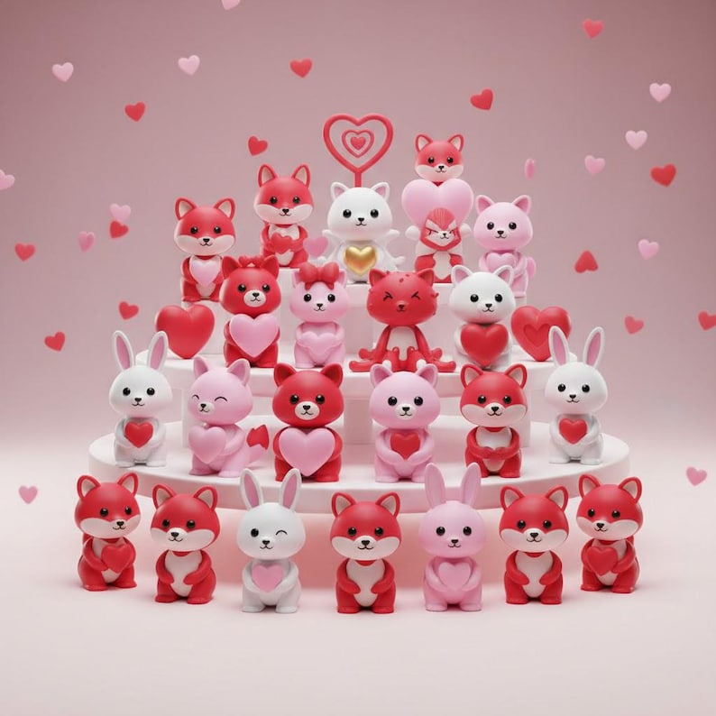 May include: A collection of Valentine's Day figurines, including foxes, bears, cats, and rabbits, each holding a heart. The figurines are in shades of red, pink, and white, arranged on tiered platforms with heart-shaped decorations scattered around.