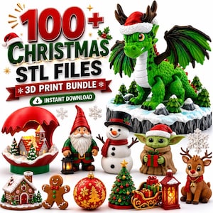 Pode incluir: Uma coleção digital de mais de 100 arquivos STL de Natal para impressão 3D, incluindo um dragão verde com gorro de Papai Noel, um gnomo, um boneco de neve, uma criatura verde com um presente, uma rena, um boneco de gengibre e ornamentos.