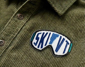 Ski VT Goggles Patch, Vermont Skiing Embroidered Badge, Winter Sports Decor