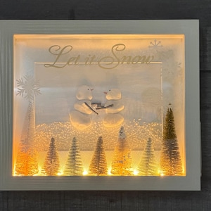 Pode incluir: Uma cena de inverno emoldurada com as palavras "Let it Snow" em letras douradas. Duas figuras de boneco de neve seguram paus, com árvores de Natal em miniatura iluminadas abaixo. A moldura é branca e o fundo é uma paisagem nevada.