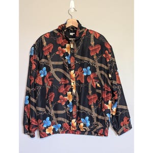 Fuda International Vintage 100% Silk Bomber Jacket Floral Chain Print Black M