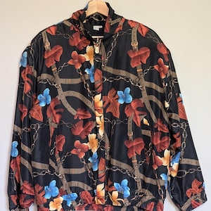 Vintage Fuda International Silk Jacket Medium Floral Chain Bomber Shoulder Pads