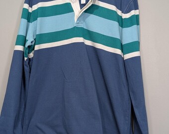 Camiseta de rugby vintage de los 90 Lands' End para hombre, talla L, manga larga, a rayas, azul y verde.