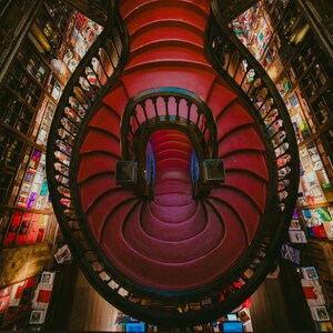 Può includere: Una vista dall'alto di una scala a chiocciola con moquette rossa e balaustre in legno scuro. La scala a chiocciola si avvolge attorno a uno spazio centrale ed è circondata da librerie piene di libri. Le pareti sono rivestite di libri e poster.