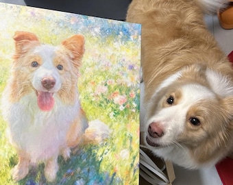 May include: A canvas print of a dog, featuring a light brown and white Border Collie with a pink tongue, set against a colorful floral background. The dog is smiling. The painting is held by a person.
