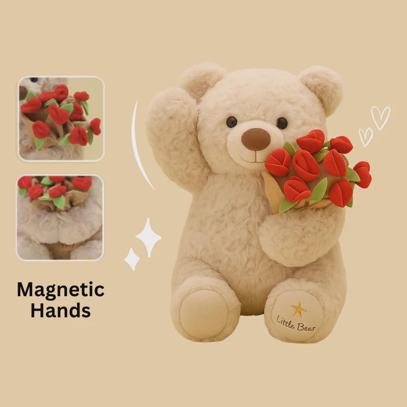 Convertible Teddy Bear With Flower Bouquet | Magnetic Hand Plush