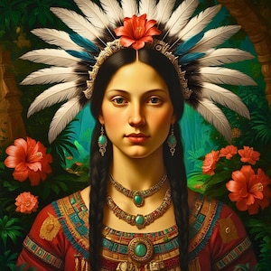 Può includere: Ritratto di una donna adornata con un copricapo di piume, un fiore rosso e gioielli turchesi. Indossa un abito ricamato rosso e oro. Lo sfondo presenta una vegetazione lussureggiante e vibranti fiori rossi, creando un'immagine colorata e dettagliata.