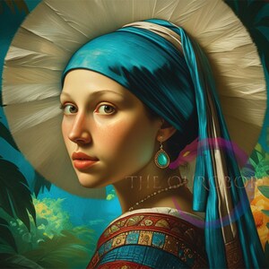 Puede incluir: Retrato de una mujer de piel clara, con un pañuelo turquesa y un tocado de plumas blancas. Lleva un collar y pendientes dorados con piedras turquesas en forma de lágrima. El fondo es una mezcla de turquesa y verde.
