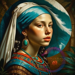 May include: A portrait of a person wearing a turquoise and gold necklace and earrings. The person is wearing a blue and white head covering and a colorful top. The background features tropical plants and a circular design.