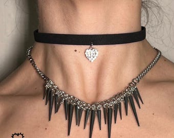 Gothic Lace Choker, Heart Pendant, Punk Necklace