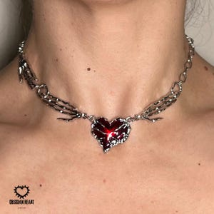 Gothic Red Heart Pendant Necklace, Alt Grunge Y2K Jewelry