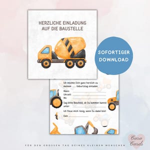 Könnte beinhalten: Aquarell-Einladungskarten mit einem Baustellen-Thema. Die obere Karte zeigt einen Betonmischer-LKW mit dem Text "HERZLICHE EINLADUNG AUF DIE BAUSTELLE". Die untere Karte hat Ausfüllfelder für Party-Details.