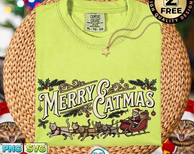 Merry Catmas Cat Sleigh PNG SVG Digital Download (Printable Art)