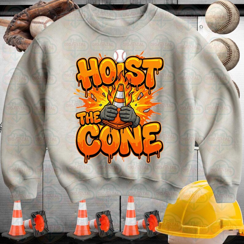 May include: A light gray sweatshirt with the text "HOIST THE CONE" in orange, featuring a graphic of a traffic cone and baseball. The design includes a baseball and a construction theme.