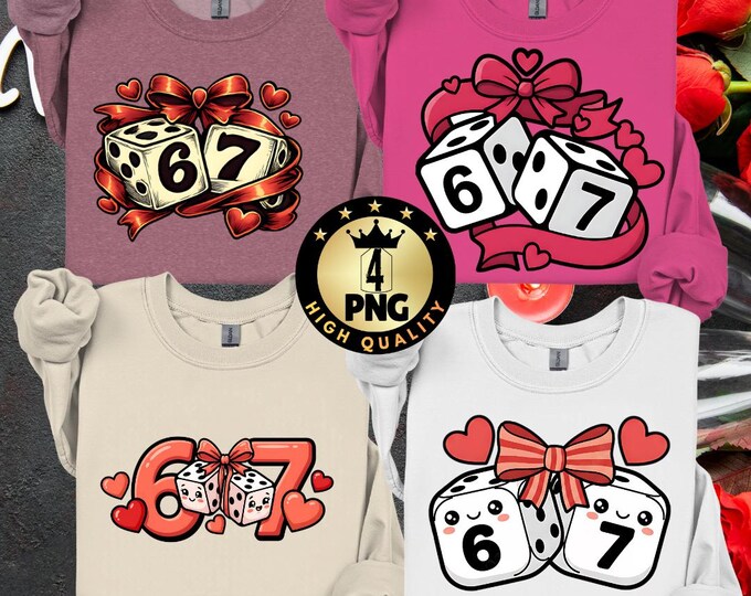 Funny Preppy 67 Six Seven Valentine Png, Retro Dice 6 7 Design, Cherry Heart Playing Cards Png Digital Download