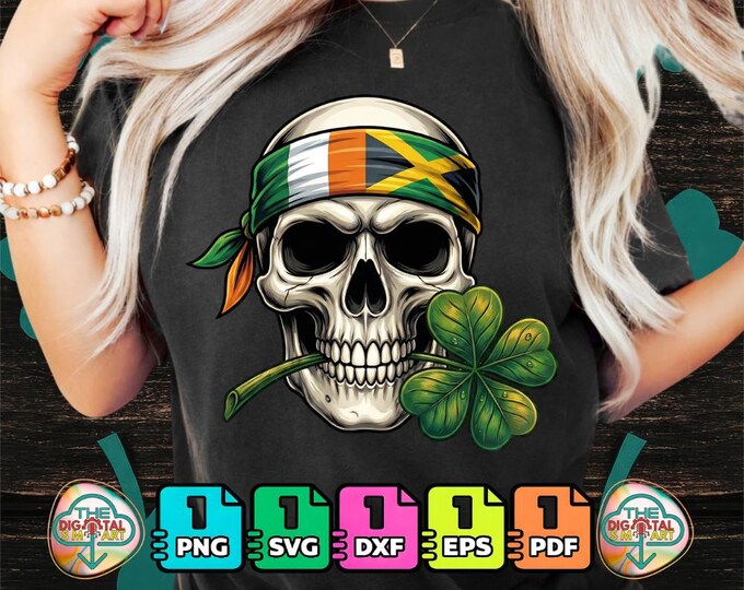 St Patricks Day Irish Rasta Skull Clover Png Svg Dxf Eps Bundle Digital Download