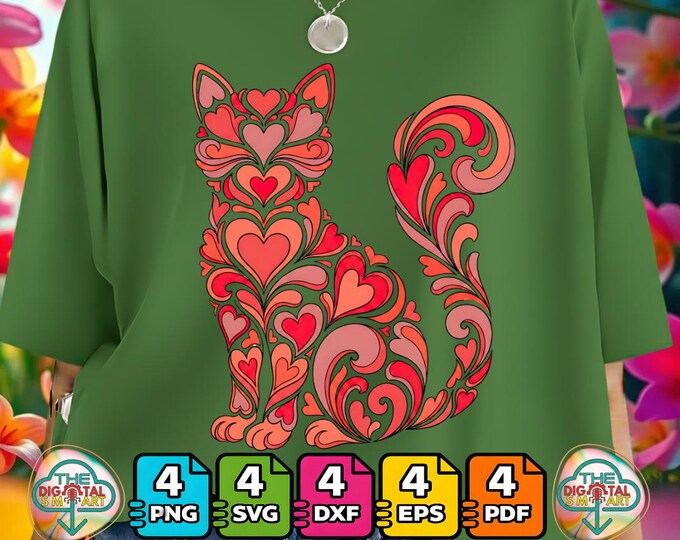 Cat Valentine Heart Retro Crewneck for Cat Lovers Png Svg Dxf Eps Digital Download