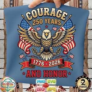 May include: A blue pillow with a patriotic design featuring an eagle, American flags, and the text "COURAGE 250 YEARS 1776-2026 AND HONOR". The design includes stars and stripes in red, white, and blue.