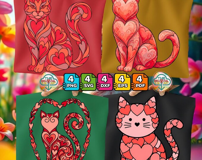 Cat Valentine Heart Retro Crewneck for Cat Lovers Png Svg Dxf Eps Digital Bundle
