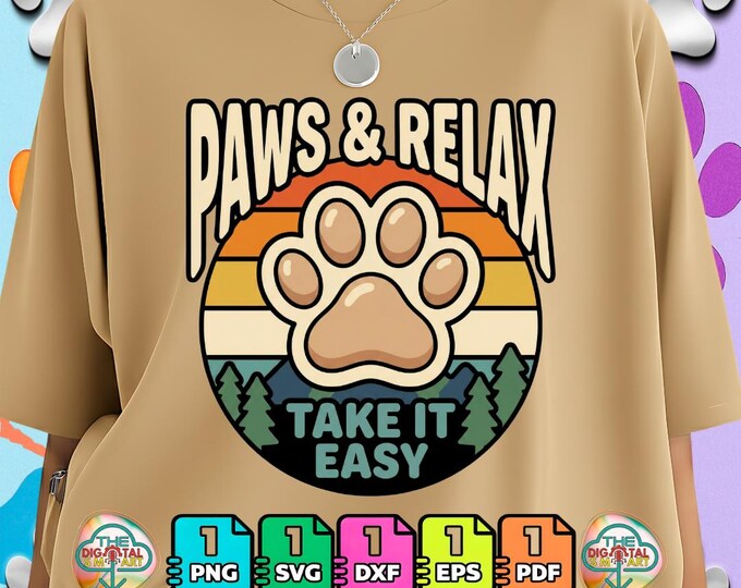 Paws and Relax Vintage Dog Paw Print Mountain Pine Animal Png Svg Dxf Digital