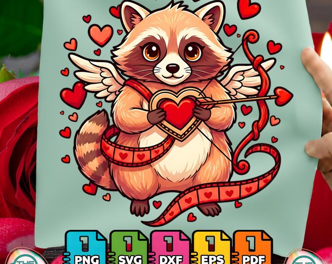 Adorable Raccoon Cupid Valentine Love Heart Arrow Png Svg Digital Download for Commercial Use