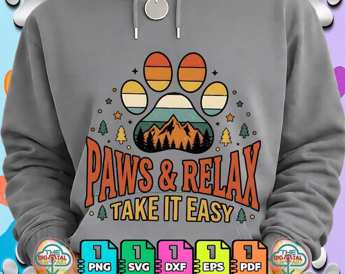 Paws and Relax Vintage Dog Paw Print Mountain Pine Animal Png Svg Digital Download