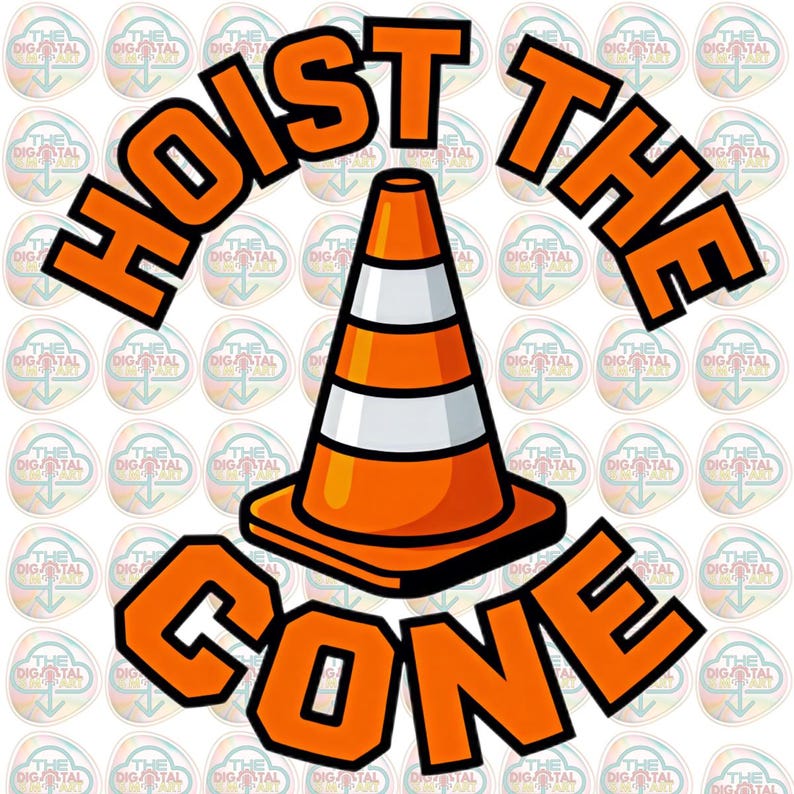 以下が含まれることがあります： オレンジと白のトラフィックコーンと、オレンジ色のブロックレターで「HOIST THE CONE」という言葉が描かれたグラフィック。デザインは、繰り返されるデジタルロゴ要素の背景に対して設定されています。