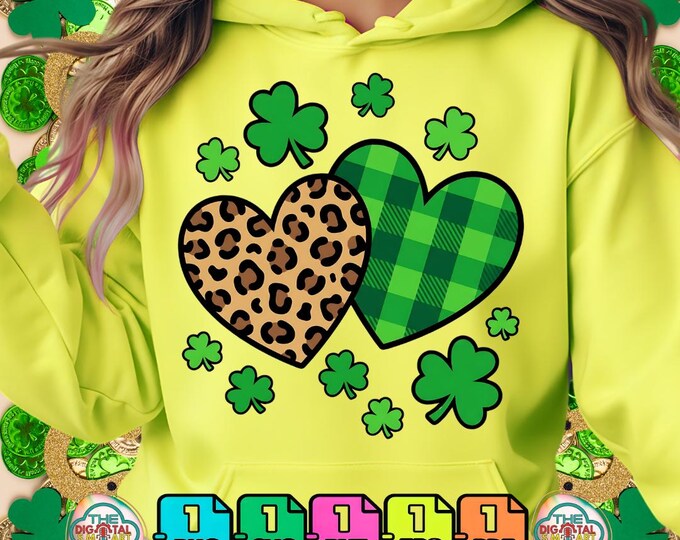 St Patrick’s Day Lucky Shamrock Leopard Plaid Heart Png Digital Download for Commercial Use