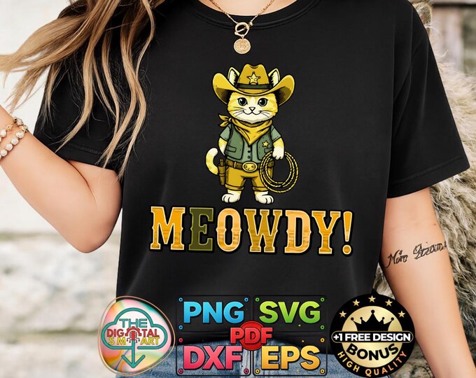 Meowdy Cat Cowboy Funny Western Art Png Vintage Rodeo Feline Svg File Digital Download
