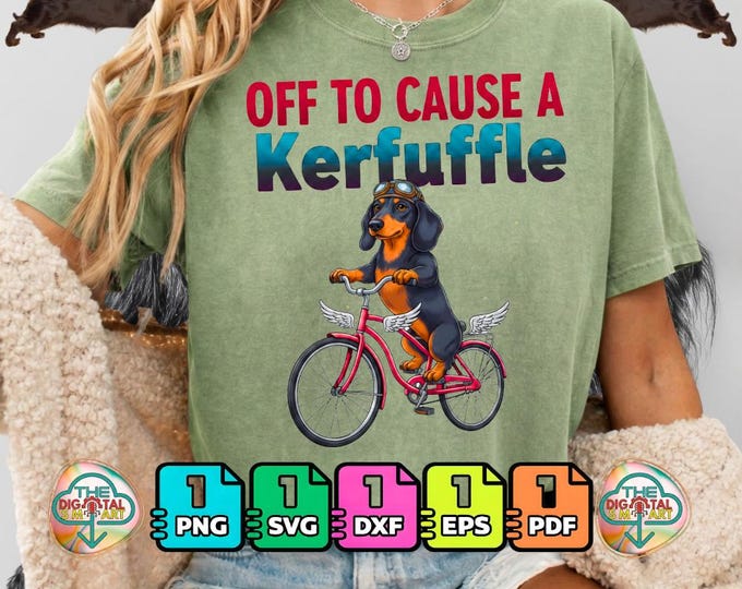 Women's Off to Cause a Kerfuffle Dachshund Bicycle Chaos Png Svg Dxf Digital Download