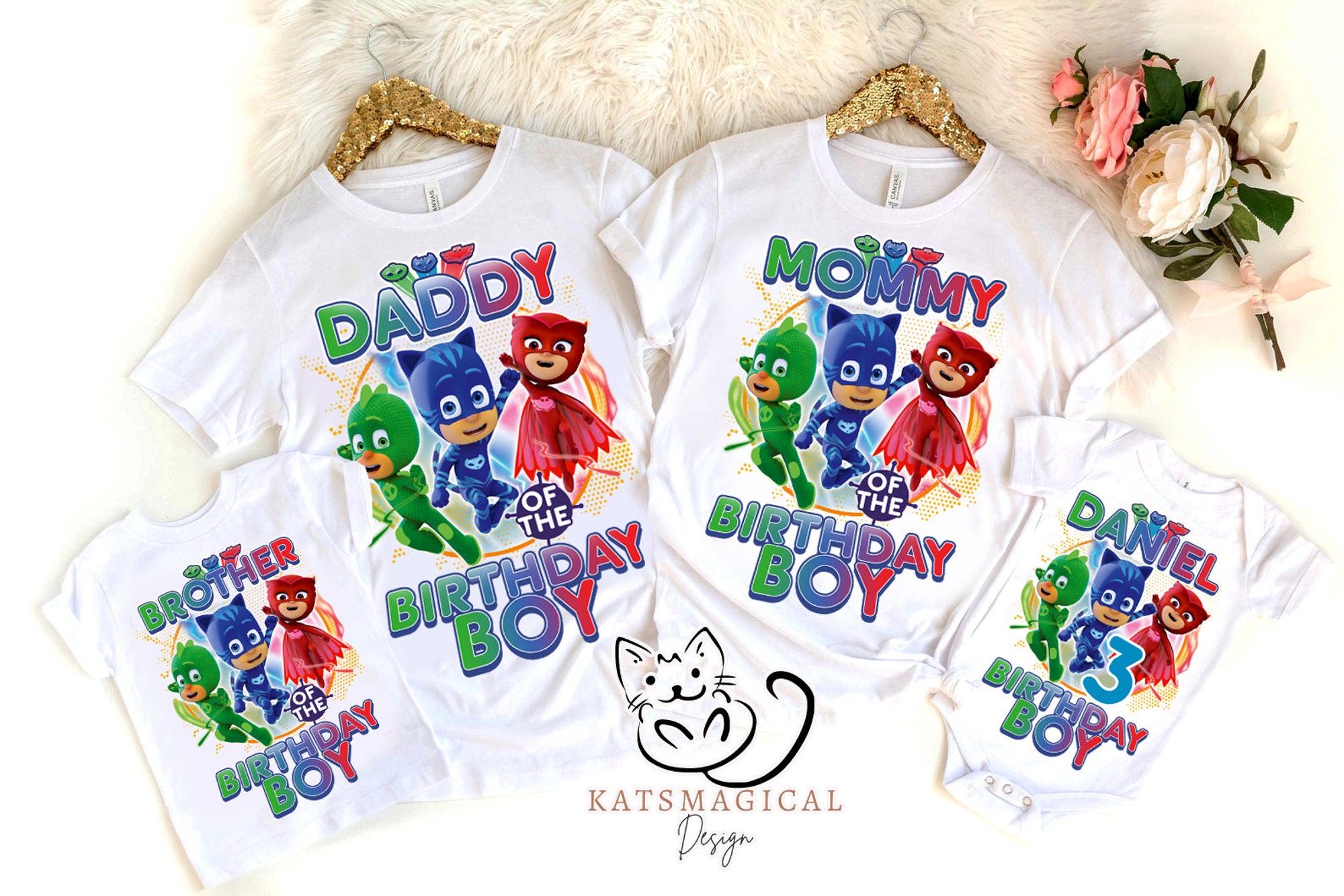 Discover Personalized PJ mask family birthday shirt, Pj Mask theme party shirt, Custom name and age birthday shirt
