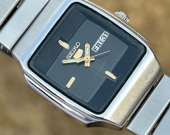 Reloj automático vintage Seiko 5 / Esfera gris / Caja de TV retro / Reloj mecánico vintage para mujer Japón
