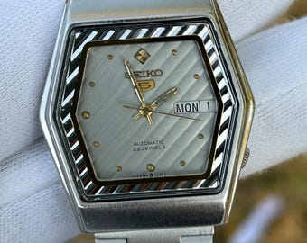 Reloj Seiko 5 automático vintage / Esfera hexagonal plateada y dorada, reloj de pulsera japonés retro